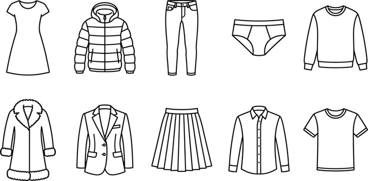 Minimalist Men and Women Apparel Clothing Line Icon Set Featuring Dress Puffer Jacket Jeans Underwear Sweatshirt Fur Coat Blazer Skirt Shirt and Tshirt Vectors
