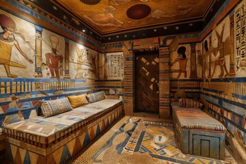 Obraz premium Ancient egyptian palace interior room with pillars murals pharaoh statue and palm tree