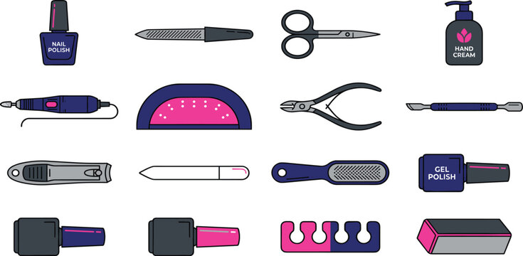 Professional Manicure Tool and Gel Nail Polish Icon Set with UV Lamp, Electric Drill, Clippers, Cuticle Nippers, Scissor, Buffer Blocks, and Hand Cream Bottle Symbols for Beauty Salon Graphic Layouts