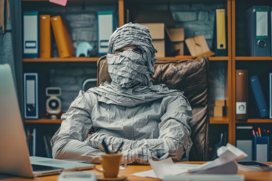 Mummy sitting at office desk working on computer as a metaphor for extreme employee burnout