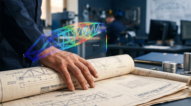 Hand on bridge truss section blueprint with stress map hologram