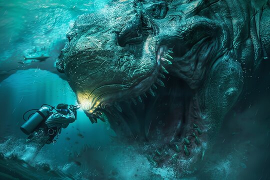 Scary sea monster in dark depths of deep blue ocean