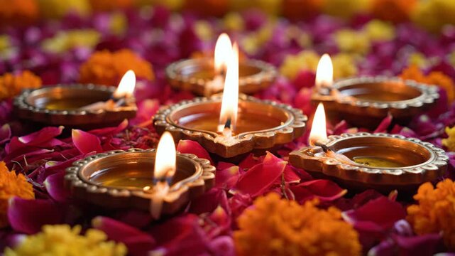 Burning diyas on flower petals for Diwali festival celebration