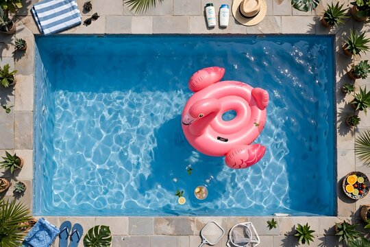 Pink flamingo float in clear blue swimming pool water from above
