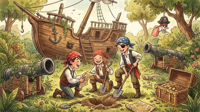 Happy kids playing as pirates digging for treasure in a forest adventure