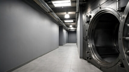 Obraz premium High Security Open Steel Bank Vault Door in a Modern Industrial Corridor with Grey Walls