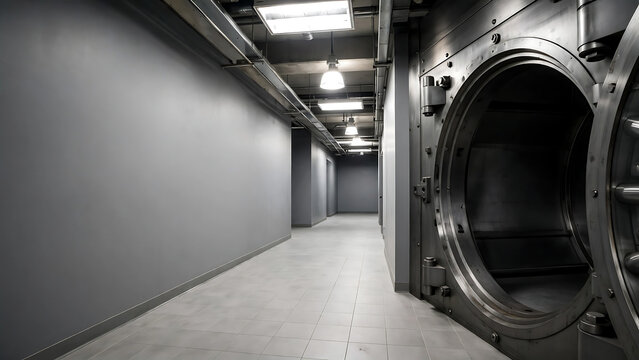 High Security Open Steel Bank Vault Door in a Modern Industrial Corridor with Grey Walls