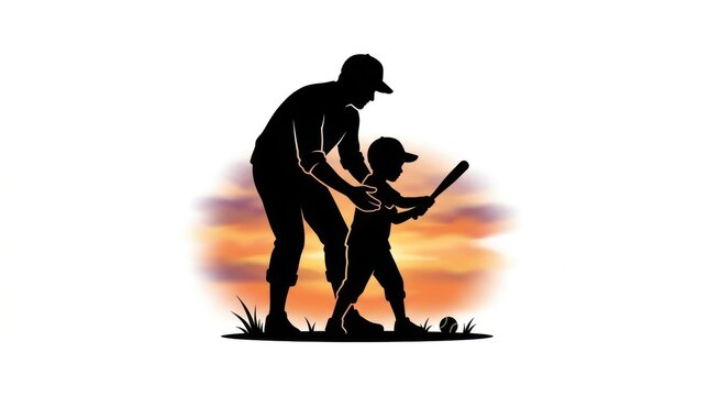 Father and young son playing baseball together outdoors with a beautiful sunset background silhouette illustration