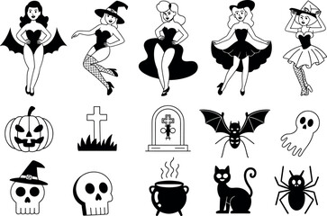 Obraz premium Set of Various Black and White Halloween Character Illustrations and Symbols Isolated on White Background for Creative Design Projects