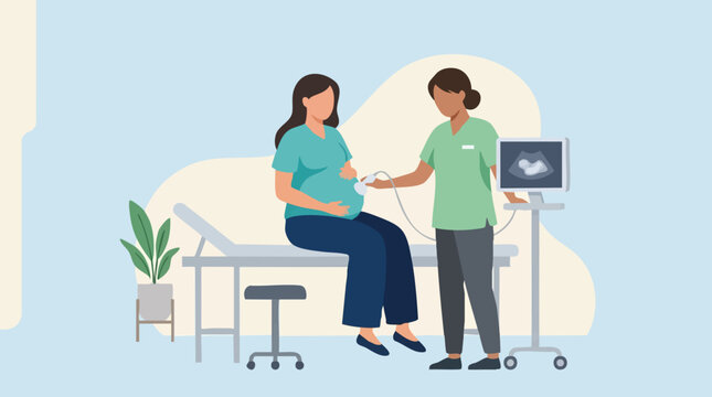 Pregnant woman getting an ultrasound scan from a medical professional