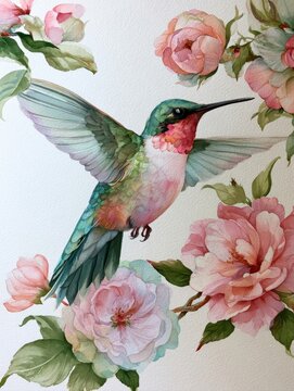 Beautiful watercolor illustration of flying hummingbird with open wings surrounded by delicate blooming pink peony flowers and green leaves, spring botanical nature artwork, fine art floral poster.