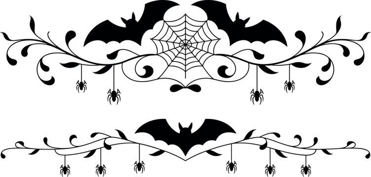 Halloween decorative borders with flying bats, spider webs, and hanging spiders for festive holiday cards and graphic designs.