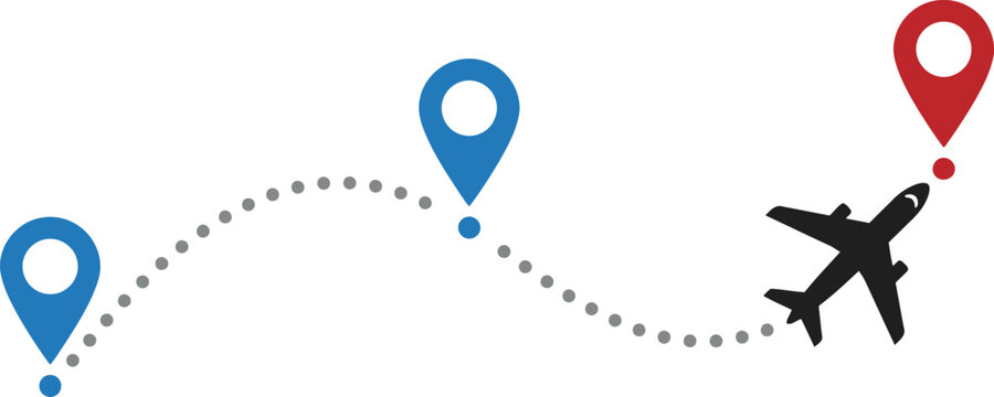 Airplane flying along a dotted path connecting multiple location map pins