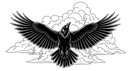 Obraz premium Engraved illustration of a raven with outstretched wings.