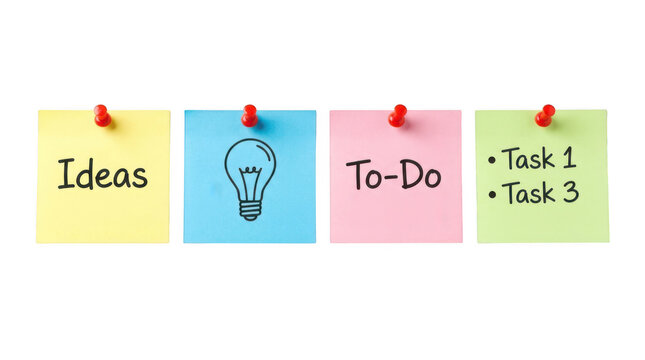 Four colorful sticky notes with ideas and todo list isolated on transparent background