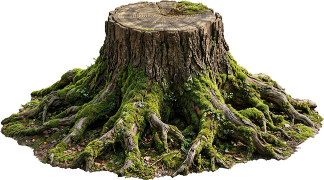Mossy tree stump with exposed root isolated on transparent background, natural forest object, detailed cutout graphic element for design, ecology and landscape projects.