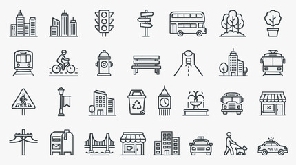 Professional Black and White Line Drawing Icons Set of Urban City Life Elements for Web Design Apps and Presentations © Cantika