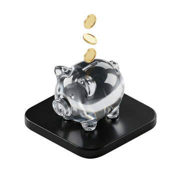 Transparent glass piggy bank with gold coins falling inside isolated on transparent background