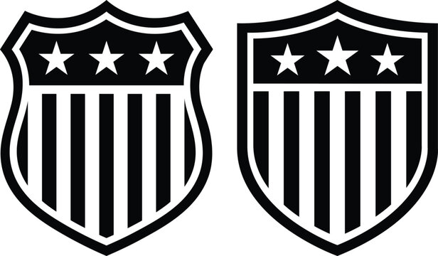 American monochrome shield badge silhouette with three stars and stripes in two style variations