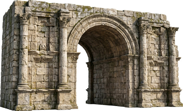 Ancient stone archway isolated on transparent background, historic architectural object with detailed cutout graphic element for heritage, travel, restoration and design compositions.