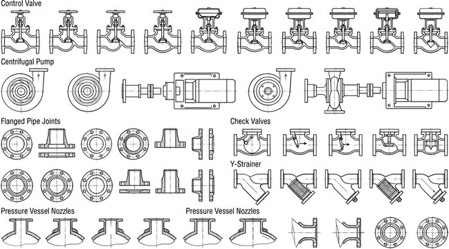 Engineering symbols for valves pumps and pipe fittings collection