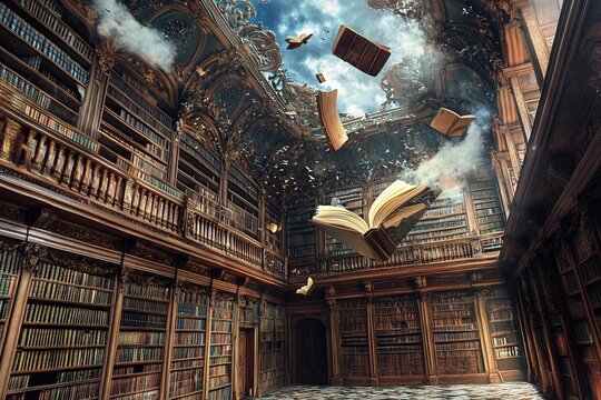 Mystical library filled with flying books creating an atmosphere of mystery