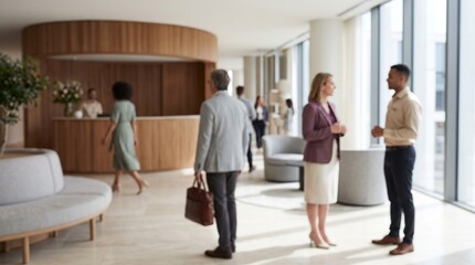 Fototapeta premium Business professionals meeting at reception desk in modern corporate office