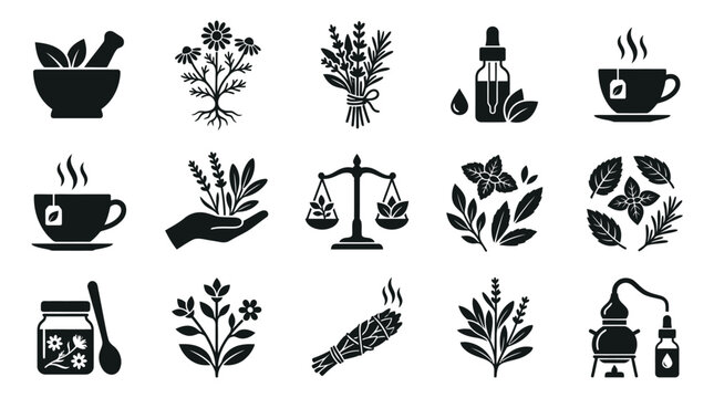Herbal Remedies And Botanical Elements Black Silhouette Collection