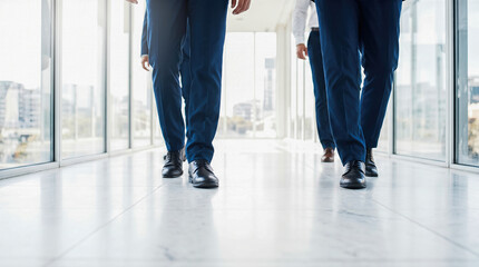 Fototapeta premium Low angle view showing legs wearing blue suits black leather shoes walking confidently down bright modern glass office corridor representing corporate executive team
