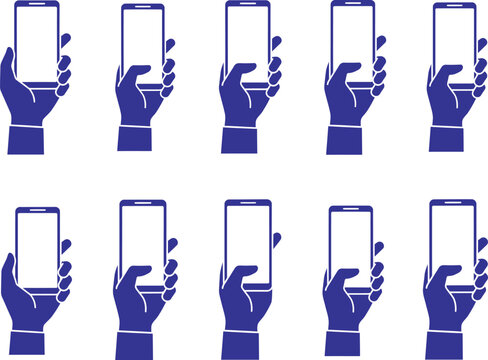 Hands holding smartphones icon set. Mobile device user interface collection.