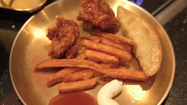Assorted Korean Fried Chicken and Sides on Brass Plate