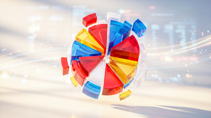 Fototapeta premium Colorful transparent glass pie chart floating over bright abstract digital background modern business financial statistics data presentation layout economic market infographic design element