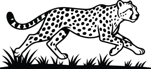 A dynamic black and white illustration captures a cheetah in full stride, its muscular body poised and spots detailed, as it races across a patch of grass, symbolizing speed and power. © DesignINKZ