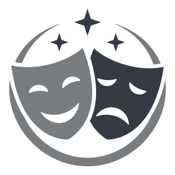 Theatrical comedy and tragedy masks in a circular design with stars icon