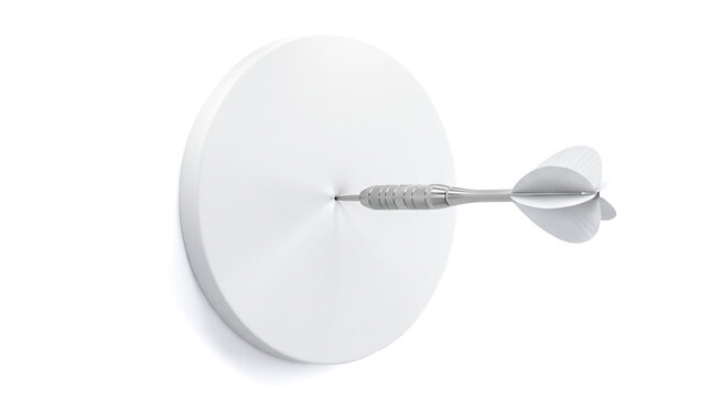Single metallic silver dart hitting exact center plain blank white circular target board mounted perfectly flat against seamless studio wall