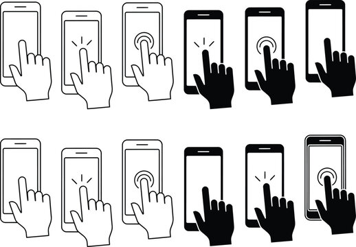 Hand gestures on smartphone screen. Mobile touch interface icons for app interaction.