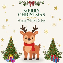 Merry Christmas greeting card with cute reindeer Christmas trees and gift boxes © Sanauv