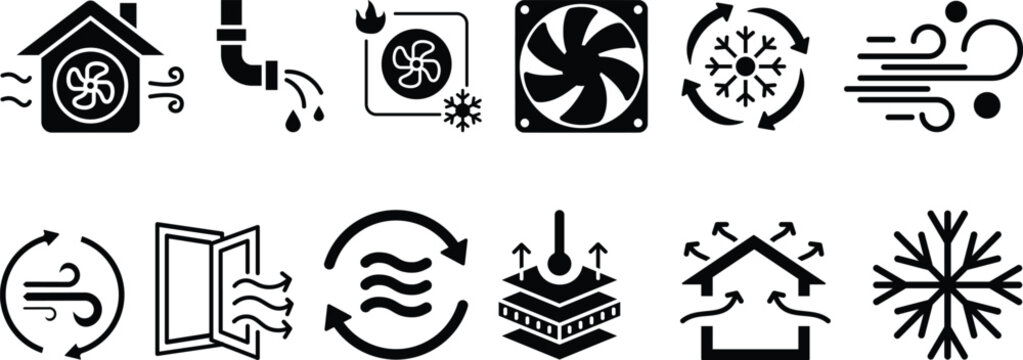 Ventilation System icon set. Containing air conditioner, fan, exhaust fan, air duct system, humidifier, vent and more. Solid vector icons collection. Vector illustration.hvac icon.Ventilation and hvac