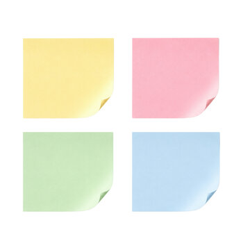 Minimalist set of four pastel sticky notes with curled bottom corners for simple reminders.