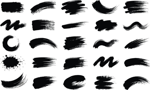 Set of black ink brush stroke marks isolated on white