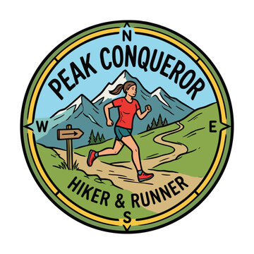 Vintage style emblem badge featuring a woman running on a mountain trail with a compass design.
