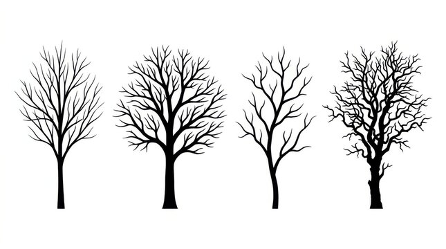Set of four black silhouettes of bare winter trees without leaves isolated on a plain white background for design work