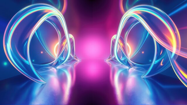 Bright neon loops illuminate dark space. Vivid colors blend, creating futuristic portal effect. Reflections enhance visual depth.