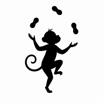 Black silhouette of a playful monkey standing on one leg while juggling three peanuts in the air, isolated vector graphic on a plain white background for design projects.