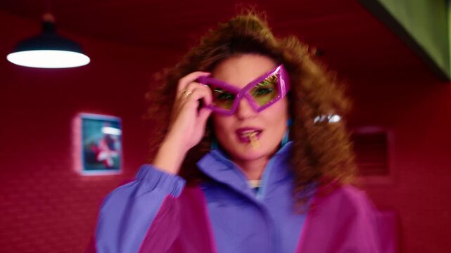 Vibrant retro diner with red walls and hanging lights. Woman wears blue jacket and purple scarf. She holds pink sunglasses, looking confident. Curly hair and bold makeup enhance stylish vibe