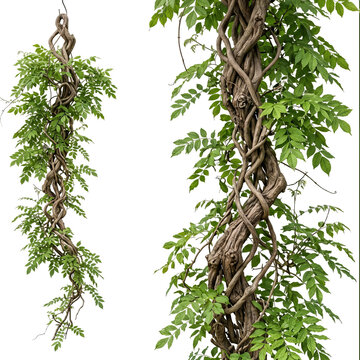 Hanging vines with twisted branches isolated on transparent background, natural botanical object with realistic cutout graphic element for jungle and garden designs.