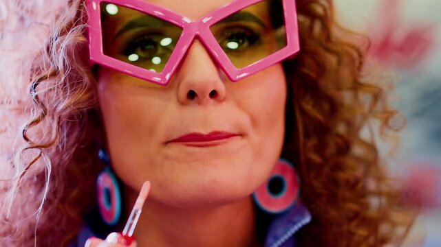 Close-up of person with pink curly hair and sparkly pink sunglasses. Hands apply lip gloss to lips with focused concentration. Playful expression hints at fun beauty routine