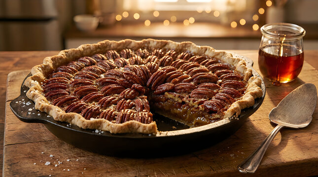 Homemade pecan pie in cast iron dish with sea salt and maple syrup on rustic table