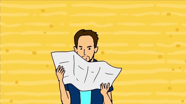 2D animated man reading paper newspaper or document attentively standing against a yellow pattern background