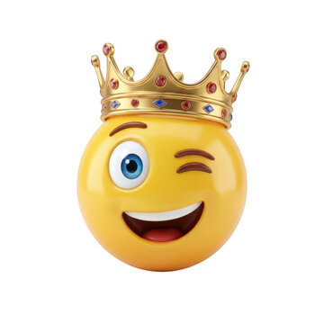 Winking emoji wearing a golden crown isolated on transparent background